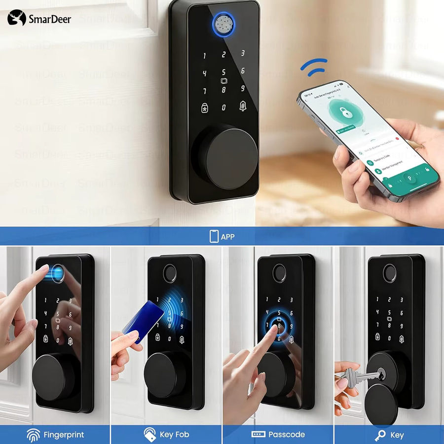 Smardeer Intelligentes Türschloss in Schwarz mit Fingerabdruck, digitalem Tastenfeld und WLAN-Funktion inklusive Anti-Spionage-Code - Bild 2