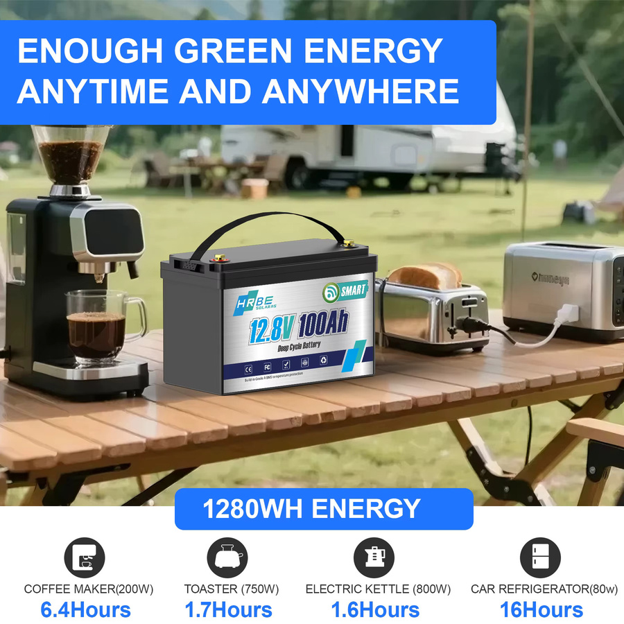 HRBEEnergy 12V 100Ah Smart Bluetooth LiFePO4 Batterie, 12,8V Lithium-Eisenphosphat-Batterie mit 100A BMS in Schwarz für Marine, Off-Grid, Trolling-Motor, Wohnmobil und Solar - Bild 7