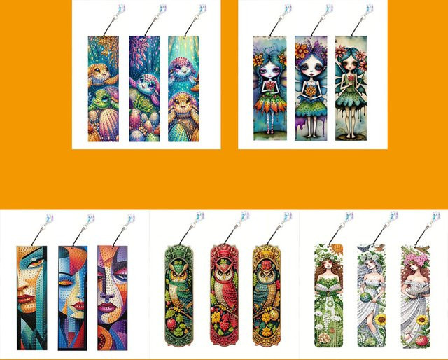 3er Set DIY-Diamantgemälde Lesezeichen aus Acryl mit Menschen und Tieren in Multicolour - Bild 1