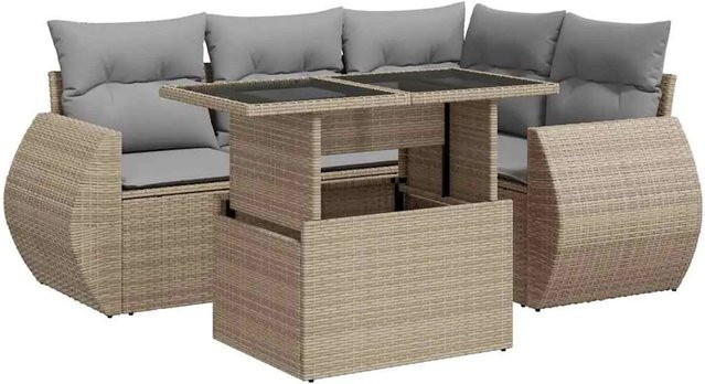 vidaXL 5-tlg. Garten-Sofagarnitur in L-Form aus Poly-Rattan in Beige-Grau mit wetterfesten Kissen und Armlehnen - Bild 1