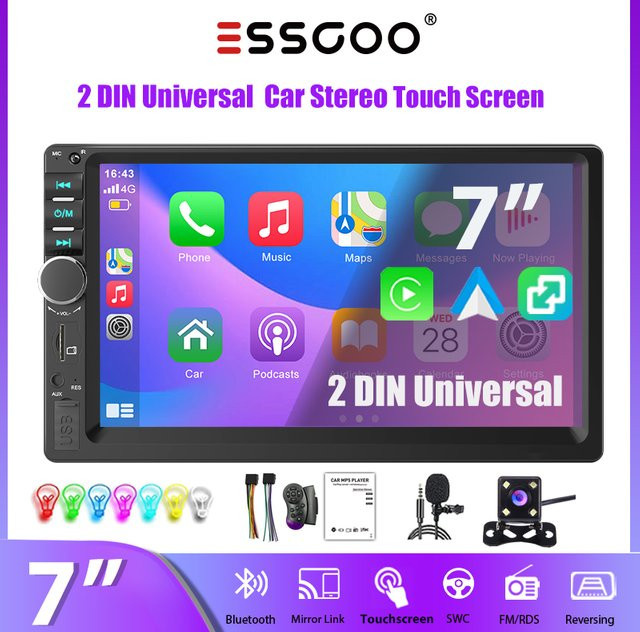 ESSGOO 7 Zoll Autoradio mit Touchscreen, Apple CarPlay, Android Auto, Bluetooth, USB und Mirror Link, Schwarz - Bild 1
