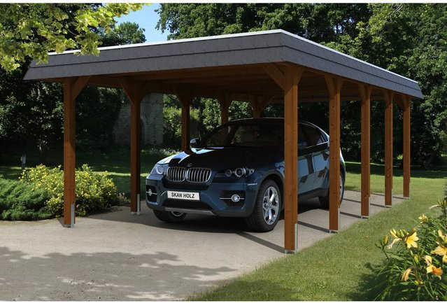Skan Holz Carport Spreewald aus Nadelholz in Nussbaum mit schwarzer Blende und EPDM-Dach, B: 396 cm, H: 244 cm - Bild 1