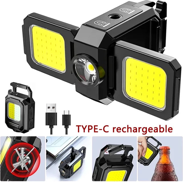 USB wiederaufladbare Mini-Taschenlampe als Schlüsselanhänger mit COB-LED und faltbaren 90 Grad Seitenlichtern in Schwarz - Bild 1