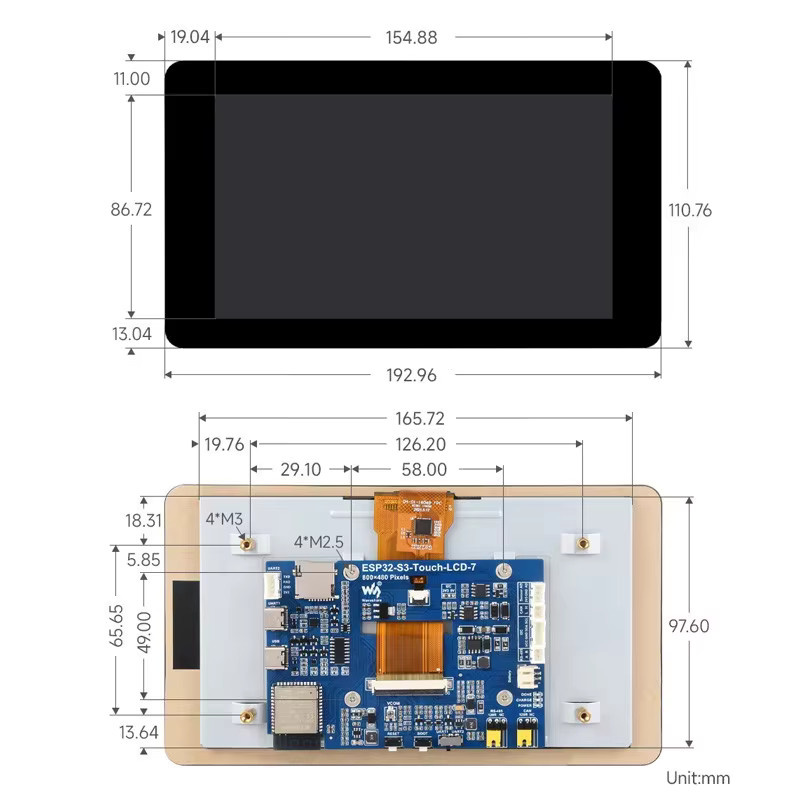 SHCHV ESP32-S3 7 Zoll Touch LCD Display Entwicklungsboard mit 800x480 Auflösung, 5-Punkt Touch, WiFi und Bluetooth in Schwarz für GUI LVGL - Bild 4