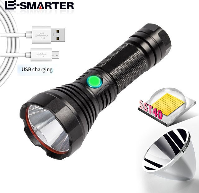 ESMARTER LED Taschenlampe mit 40 LEDs, USB wiederaufladbarer Suchscheinwerfer aus Aluminium, Schwarz - Bild 1