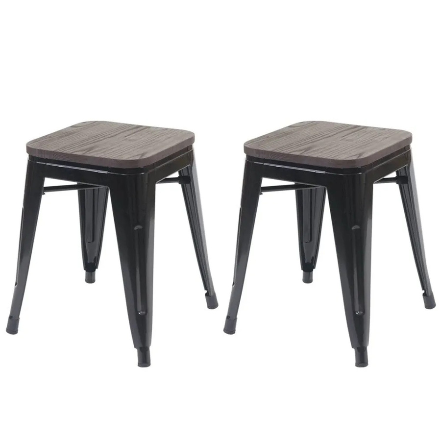 MCW 2er Set Hocker A73 im Industrial Design mit Holz-Sitzfläche und schwarzem Metallgestell, stapelbar, Schwarz/Braun, Breite: 39,0 cm, Tiefe: 39,0 cm, Höhe: 45,5 cm - Bild 2