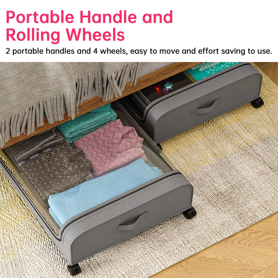 Untior Unterbett-Schrank aus Kunststoff in Schwarz, platzsparende ausziehbare Aufbewahrung mit Rollen für Kleidung und Schuhe - Bild 2