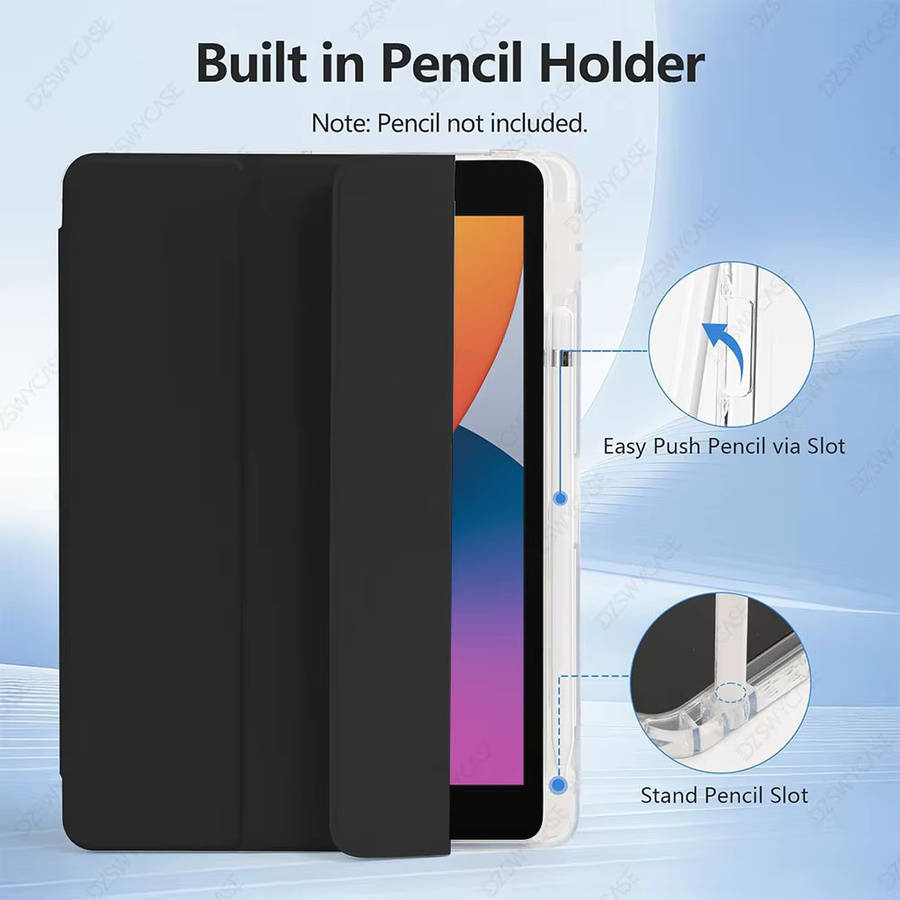 DZSWYCASE Schutzhülle für iPad 10.2 Zoll (9./8./7. Generation) mit dreifach faltbarem Ständer, transparenter Rückseite und Stifthalter in Blau - Bild 4