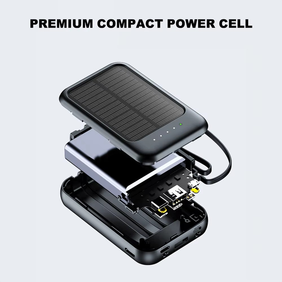 Solar-Powerbank für den Außenbereich mit 20.000 mAh, integrierten 4 Kabeln und LED-Licht in Schwarz - Bild 2