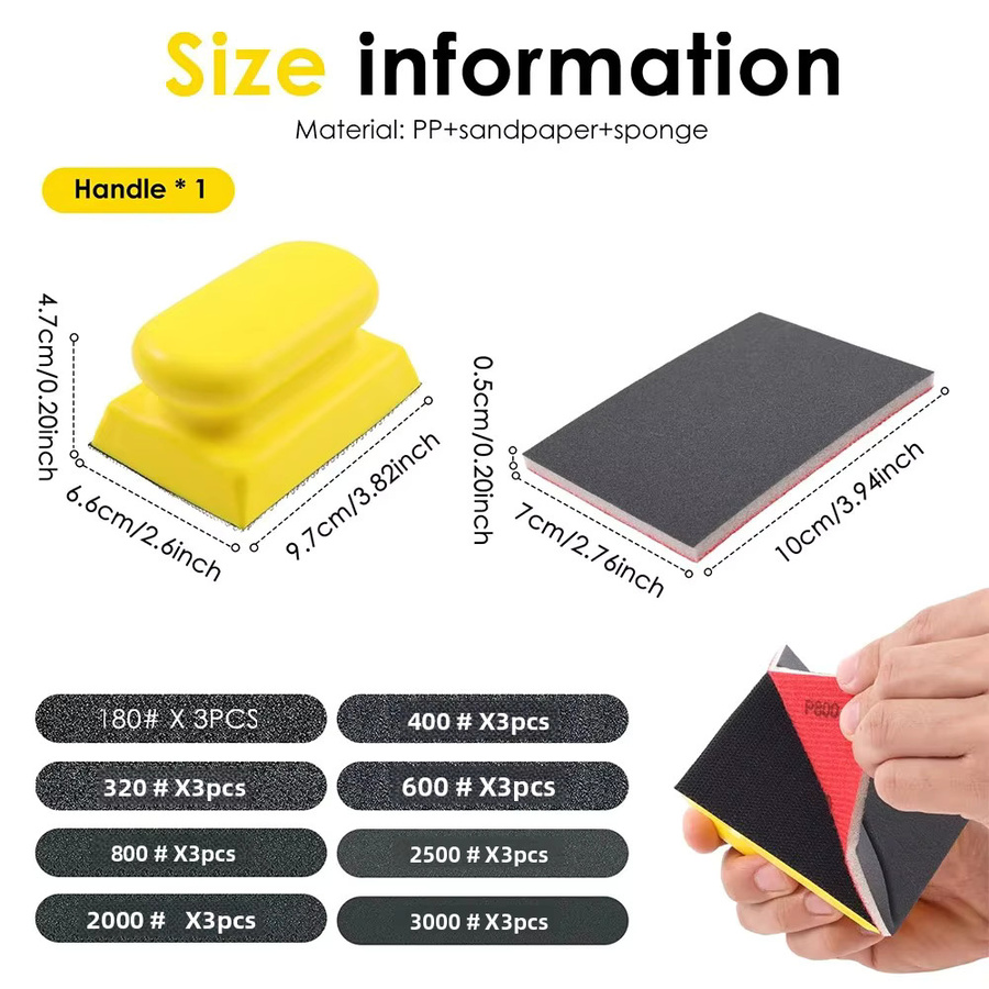 Vibratite Schleifschwamm-Set mit Handschleifblock, 25-teilig, Körnung 180–3000, B/H: 100 x 75 mm, für Metall und Holz - Bild 2