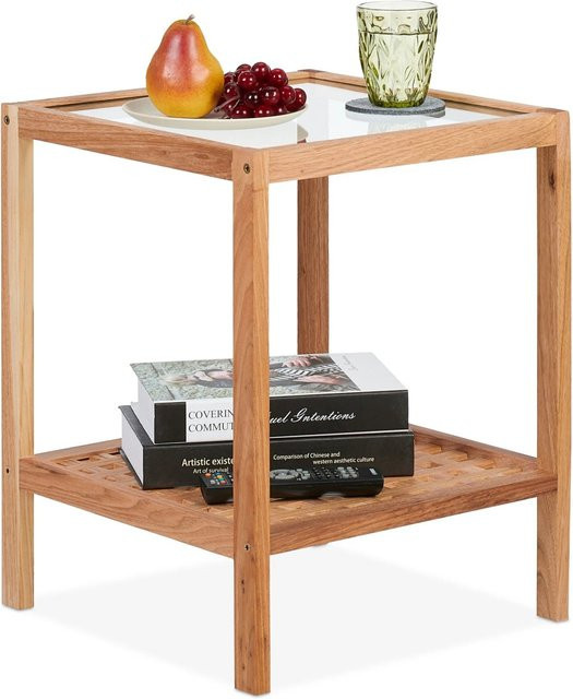 Relaxdays Beistelltisch aus Walnussholz mit Glasablage in Braun, B/T/H: 50 x 40 x 40 cm - Bild 1