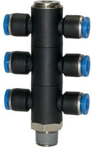 Riegler T-Mehrfachverteiler Blaue Serie, 6-fach, drehbar, R 1/4 a Ø4mm, Blau/Schwarz - Bild 1