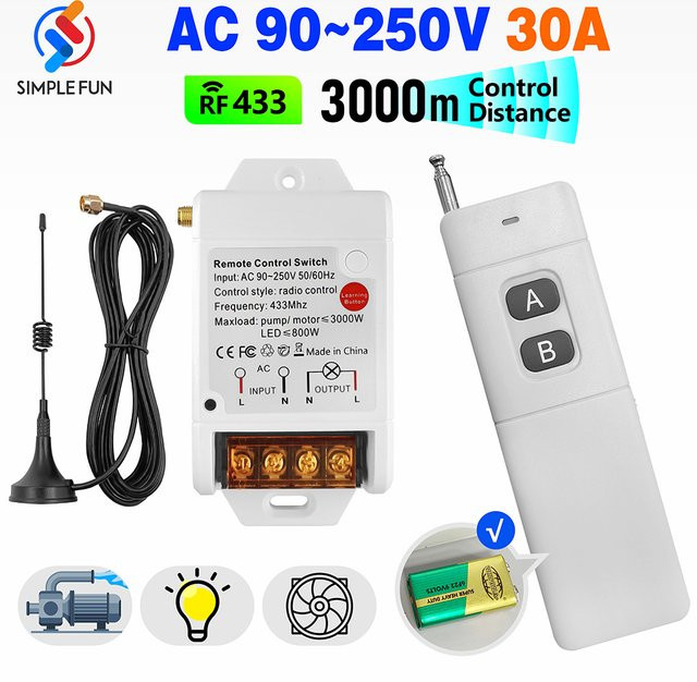 SLMPLEFUN RF Wireless Pump Fernbedienung Schalter mit externer Antenne, 433MHz Relais Modul für Licht und Motor, Farbe: Weiß - Bild 1
