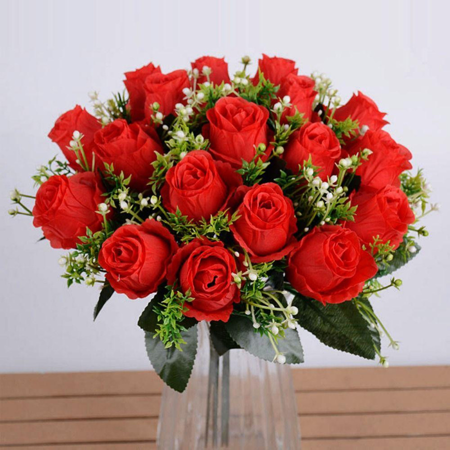 GZjingjia Künstliche Rosen mit 18 Blütenköpfen aus Seidenstoff in Violett, Weiß und Rot zur Dekoration für Valentinstag, Hochzeiten und Muttertag - Bild 1
