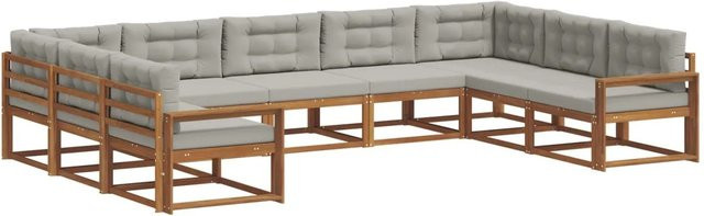 vidaXL Outdoor-Sofagarnitur 9-teilig aus Akazienholz in Natur mit grauen Kissen und U-Form - Bild 1