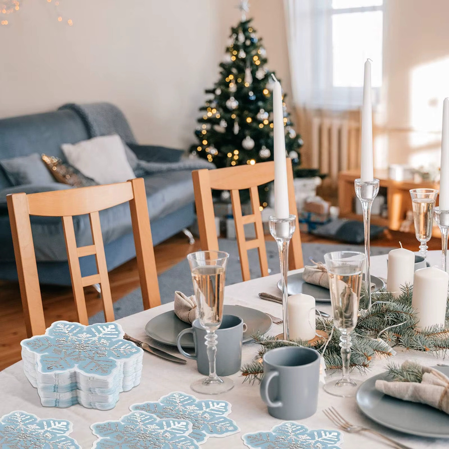 EsenTroye Schneeflocken-Servietten aus Papier in Silber und Blau für Winterwunderland-Partys, 40 Stück - Bild 3