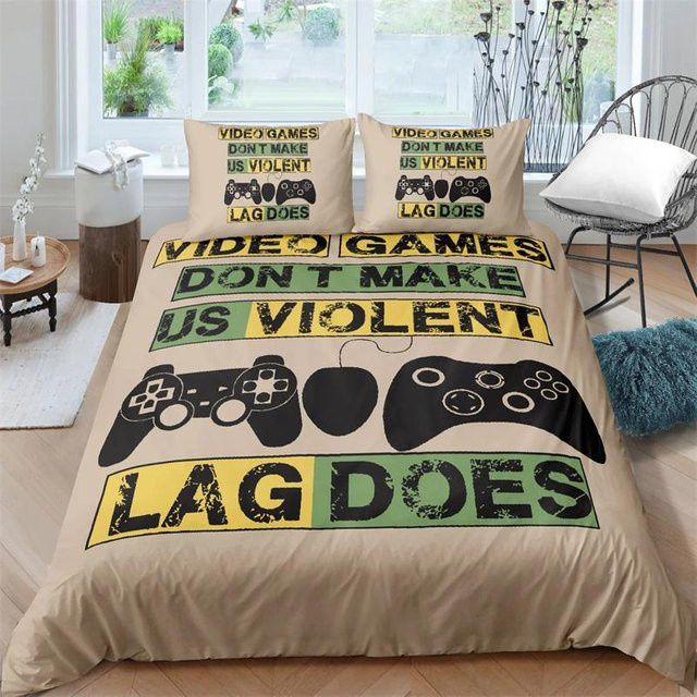 Binchi Fitness Gamer Bettwäsche-Set mit Gamepad-Design, beige, 2-teilig bestehend aus Bettbezug und Kissenbezug, B/H: 70 x 133 cm - Bild 1