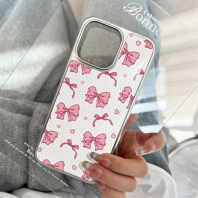 AIR PLUS Handyhülle mit Ledertextur und Schleifen-Design in Rosa für iPhone 11 bis iPhone 16 Pro Max, Sturzsicher - Bild 1
