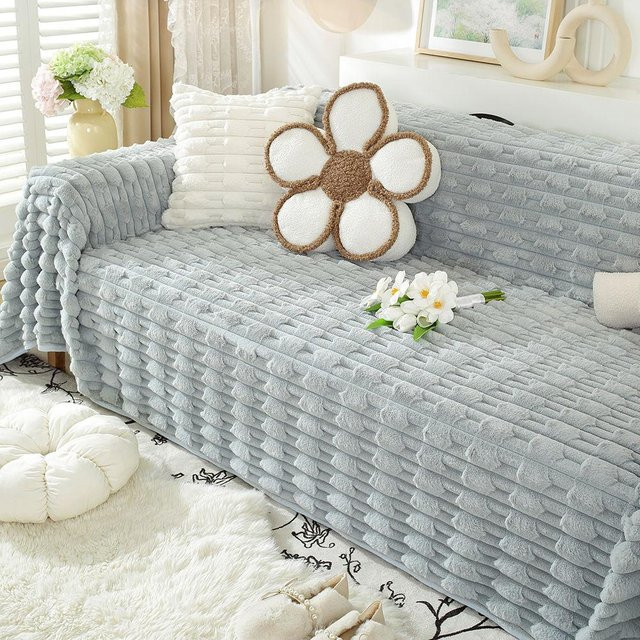 Plüsch Sofabezug aus Kunstfell in Grau, Anti-Rutsch Abdecktuch für 3-Sitzer Sofas, B/T: 180 x 130 cm - Bild 1