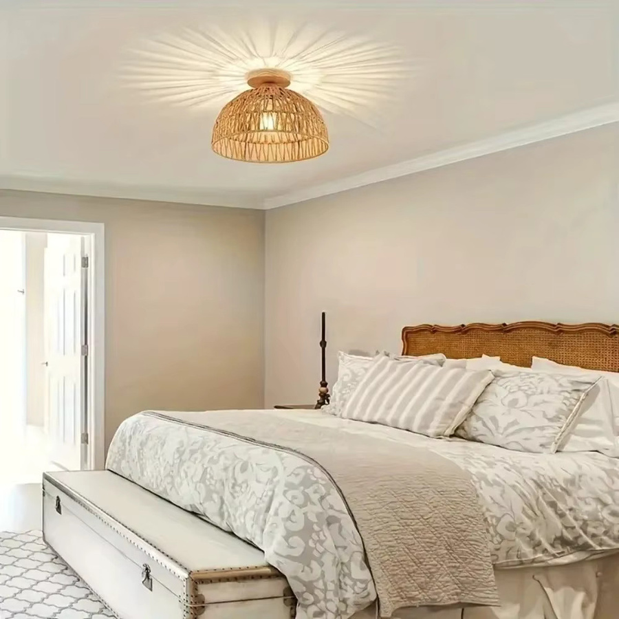 JOYINLED Retro Wabi-Sabi Deckenlampe aus handgemachtem Rattan-Korbgeflecht in Braun im Boho-Stil mit Dome-Design und warmweißem Licht - Bild 3