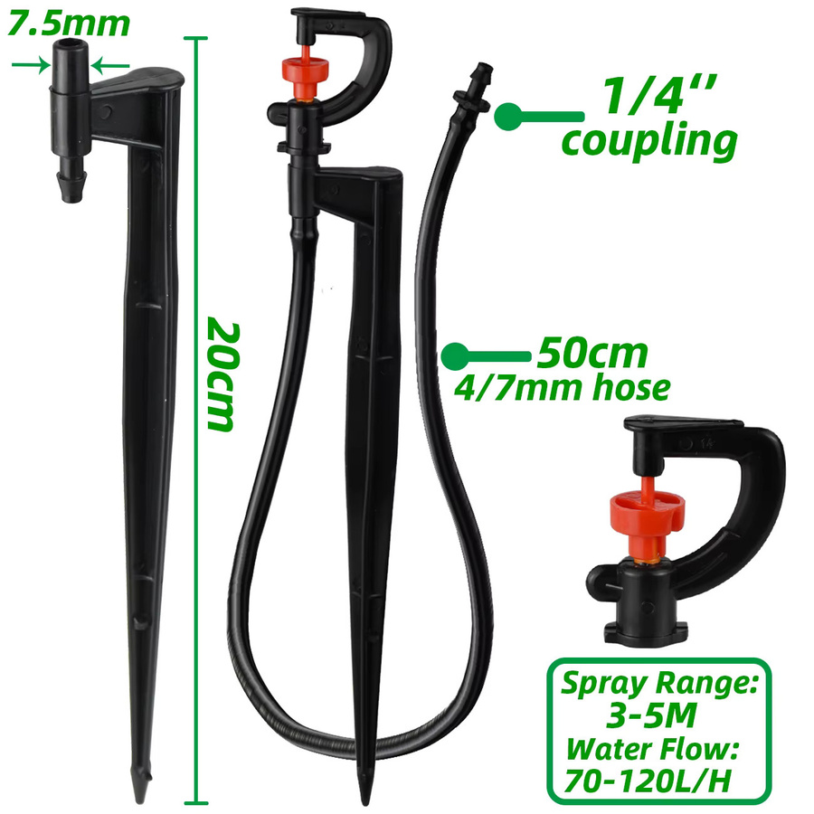 KESLA 5er Set Rotierende Mikrobewässerungs-Sprinkler in Schwarz mit 20 cm Pfahl und 1/4 Zoll Widerhakenanschluss für Gewächshaus und Rasen - Bild 3