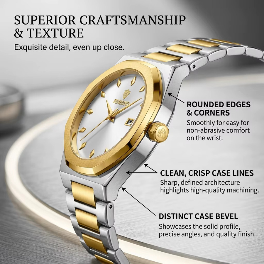 BINBOND Armbanduhr Edelstahl, Bicolor, Gold, Quarz, Herren, Datum - Bild 4
