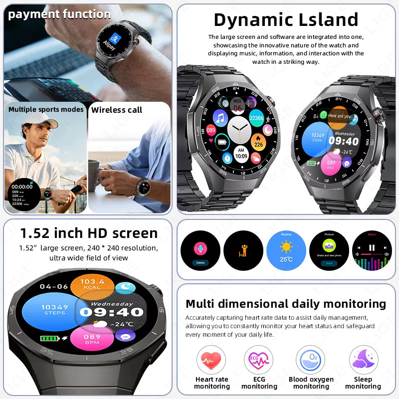 LIGE Smartwatch für Herren in Schwarz mit HD-Bildschirm, EKG-Funktion, Herzfrequenzmessung und Bluetooth-Anruffunktion, wasserdicht - Bild 2