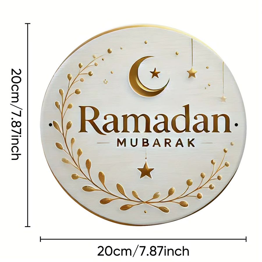 Potdemiel Ramadan Mubarak Aluminiumschild mit Halbmond, Sternen und Kranz in Weiß und Gold - Bild 2