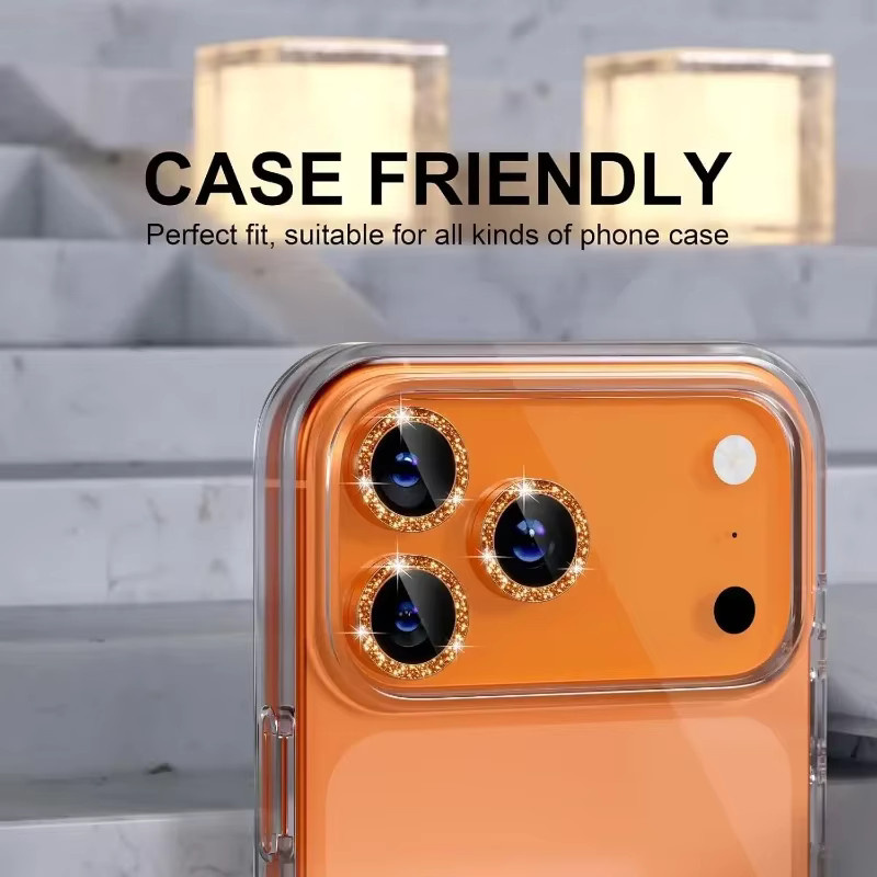 2-3 Stück Glitzer-Diamant Kameraschutz aus gehärtetem Glas und Metallrahmen mit Ringabdeckung für 17 Pro Max und Air 17Pro in Orange - Bild 2