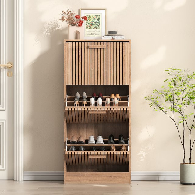 Superaly Rattan-Schuhschrank in Braun mit Schranktüren und offenen Regalfächern im skandinavischen Design - Bild 1