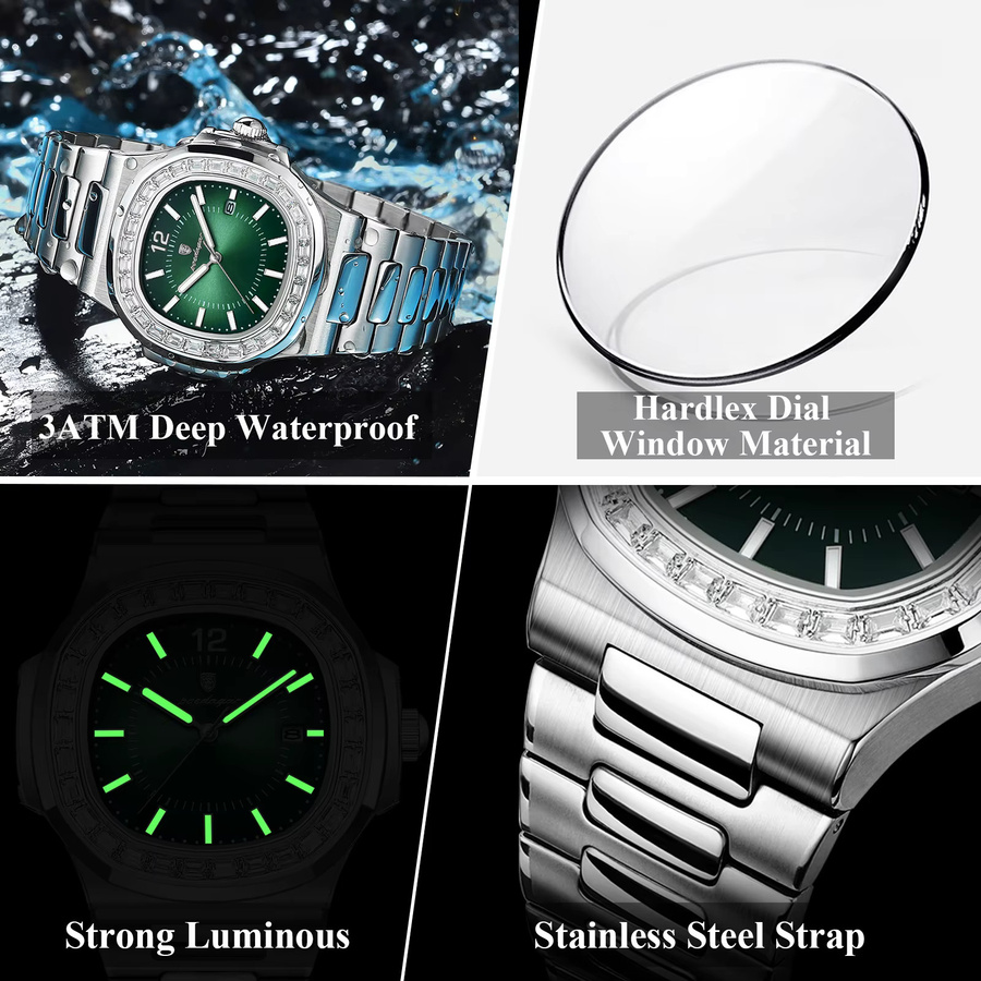 POEDAGAR Armbanduhr, Quarz, Edelstahl, Eckig, Silber Green, Herren - Bild 4