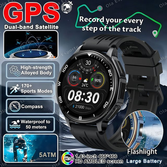 Ola Esporte Smartwatch für Herren in Blau mit 1,43 Zoll AMOLED-Display, integriertem GPS, Kompass, Bluetooth-Anruffunktion und 10 ATM Wasserdichtigkeit - Bild 1