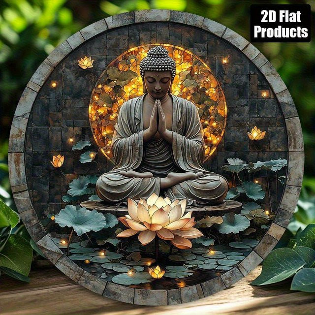Potdemiel Rundes Wandkunstschild Zen Statue aus Metall in Multicolour, Durchmesser: 20,32 cm - Bild 1