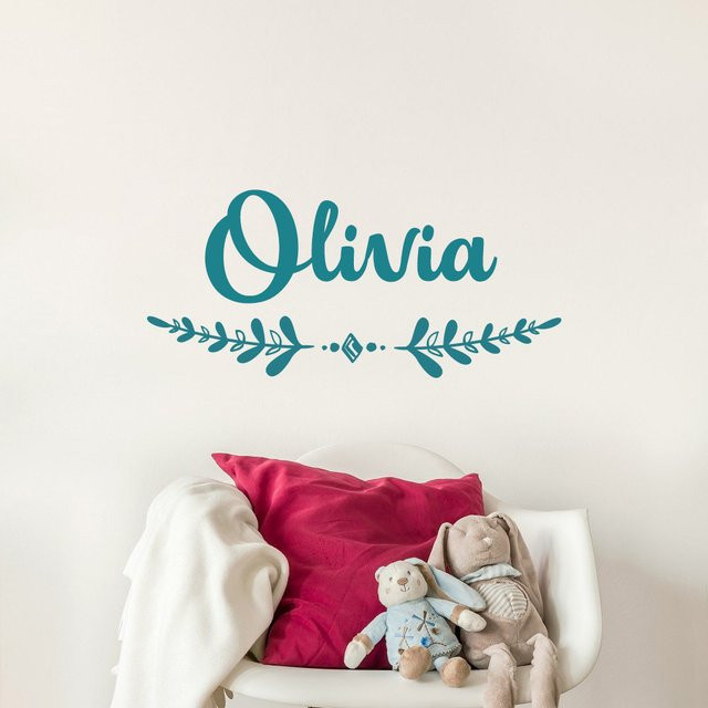 Personalisierte Boho Wandtattoo für das Mädchen Kinderzimmer mit floralem Design von DIYWEIYUE in Orange und Türkis - Bild 1