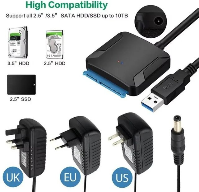 Congdi USB 3.0 zu SATA Adapterkabel für 2,5 Zoll und 3,5 Zoll HDD SSD mit 12V Netzteil, Schwarz - Bild 1