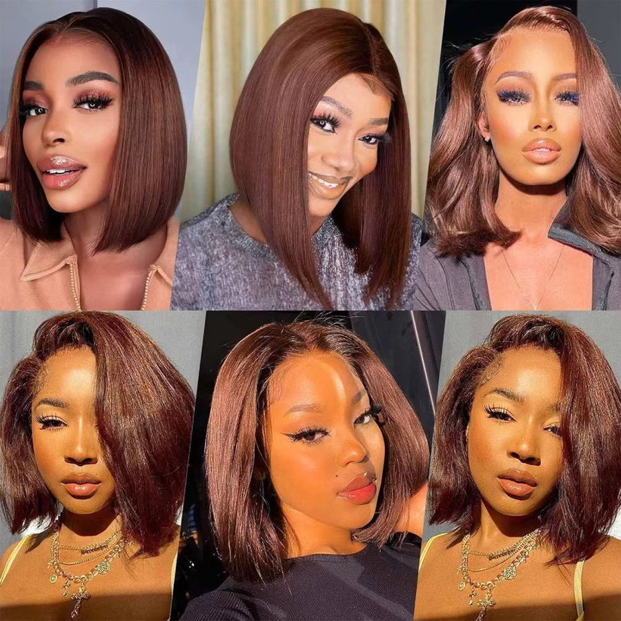 Sooolavely Bob-Perücke Echthaar, Schokoladenbraun, Kurz, Lace Frontal, Damen - Bild 6