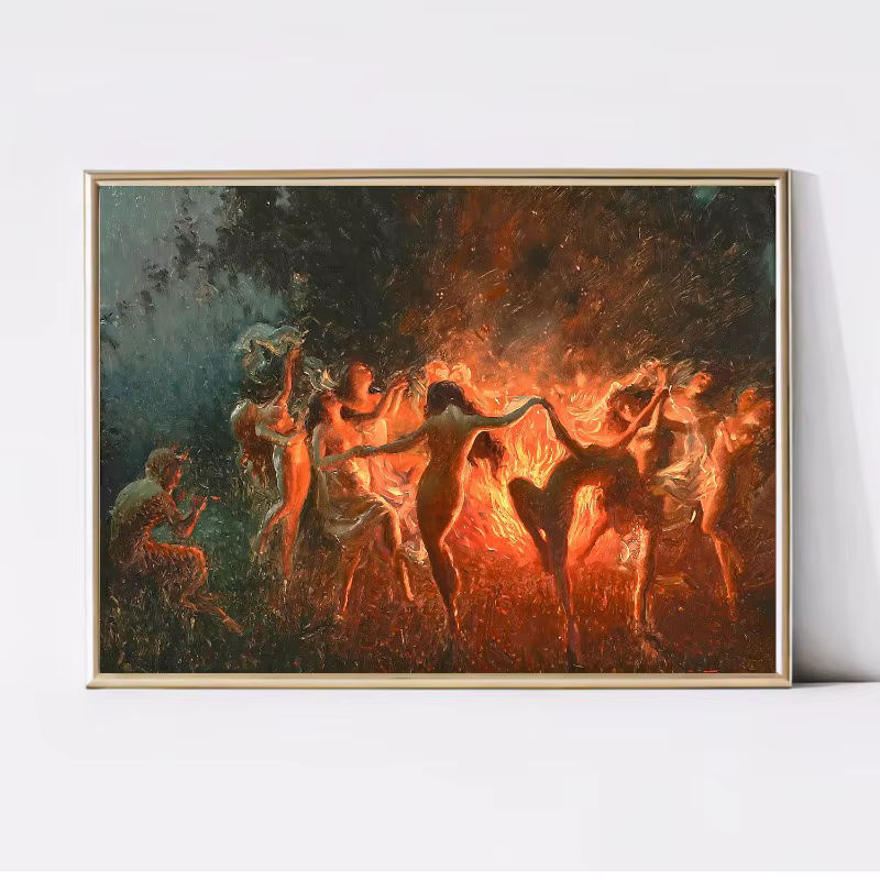 Joseph Tomanek Leinwandgemälde Hexen Nymphe Feuertanz Vintage Wandbild Mehrfarbig - Bild 2