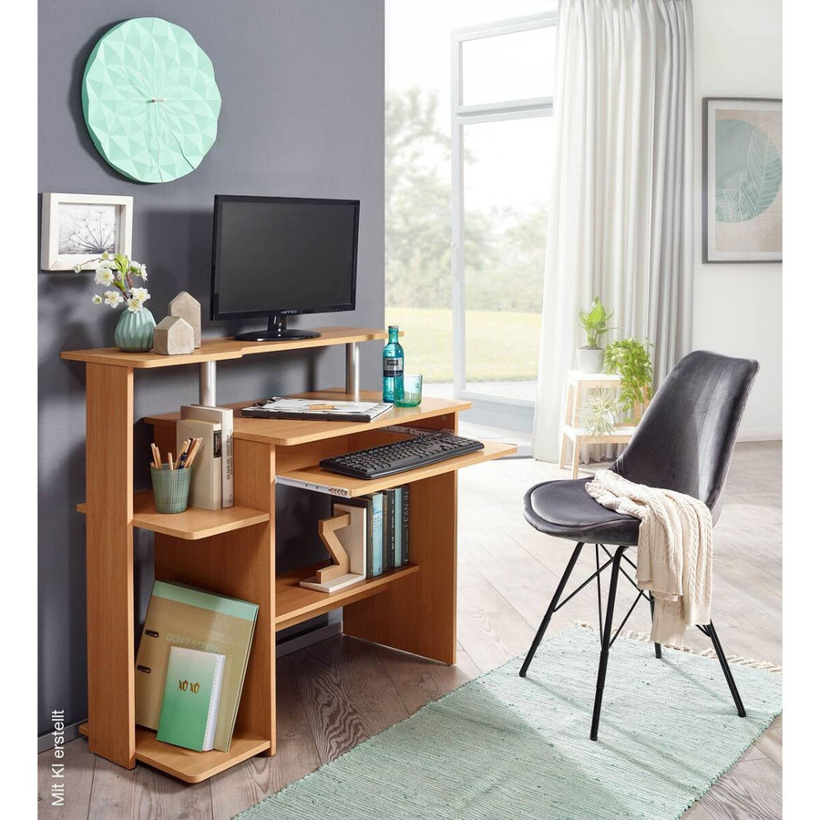 Computertisch Wohnling in Buche Nachbildung, Braun, B/H/T: 94 x 48,5 x 90,5 cm - Bild 4