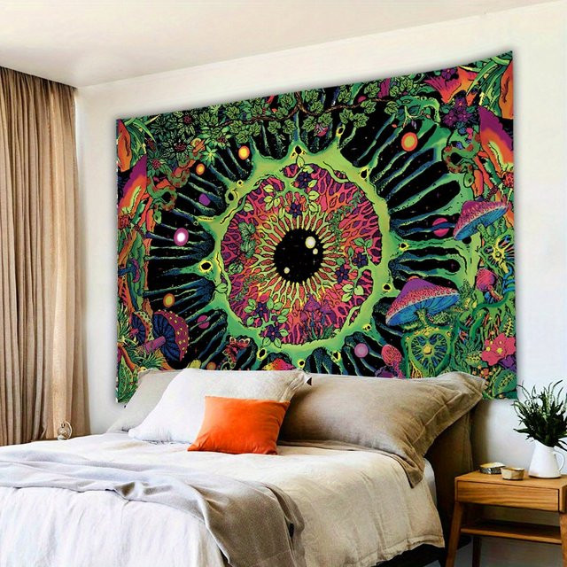 VIKAMA Pilzenauge Wandteppich, fluoreszierender Mandala Wandbehang in Multicolour, Boho Wandkunst für Wohnzimmer, Schlafzimmer und Büro, B/H: 60 x 40 cm - Bild 1