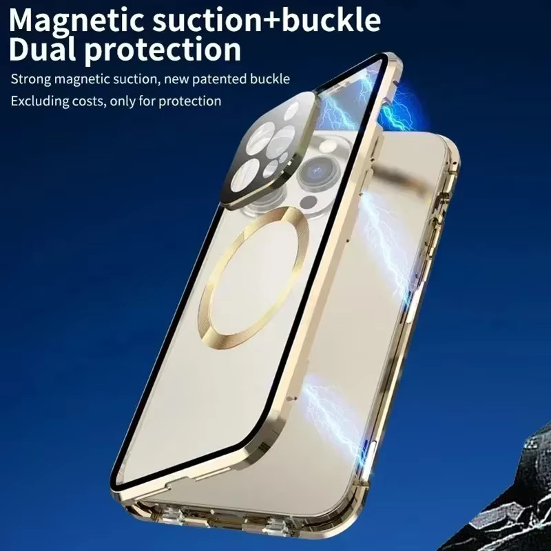 VYOPBC Metall-Magnetgehäuse für MagSafe iPhone 17 16 15 14 13 12 Pro Max Plus mit Linsenschutz, doppelseitigem Glas und Schnappverschluss in Gold - Bild 2