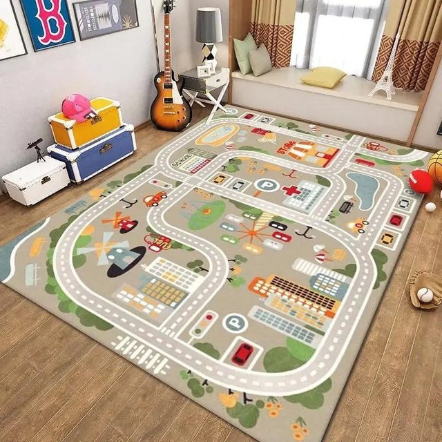 Karpetti Spielteppich Verkehr und Straße aus Flanell, rutschfeste und waschbare Matte für Kinderzimmer und Wohnzimmer, B/T: 80 x 120 cm, Mehrfarbig - Bild 1