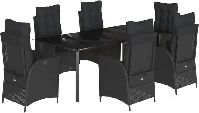 vidaXL 7-teilige Garten-Essgruppe aus Poly Rattan mit Kissen und Glastisch in Schwarz - Bild 1
