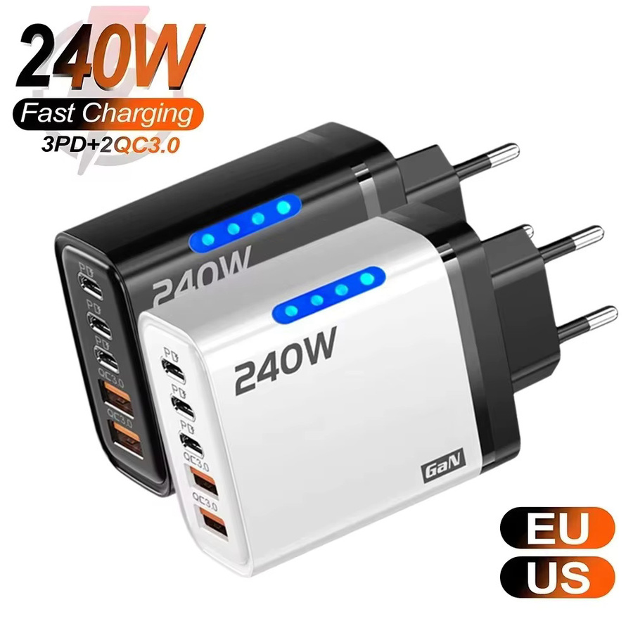 240W 5-in-1 GaN Desktop-Ladegerät mit 3 USB-C und 2 USB Anschlüssen inklusive 10A USB auf Typ-C Kabel für iPhone, Huawei und Xiaomi - Bild 7