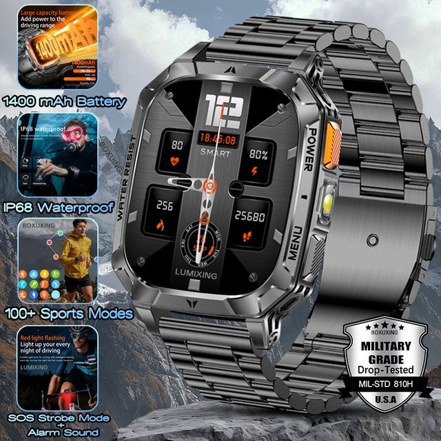 BOXUXING Smartwatch, Edelstahl, 2,01 Zoll AMOLED, Blau, Herren - Bild 1