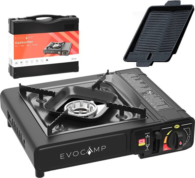 Evocamp Camping Gaskocher 1-Flammig mit Grillplatte und Tragekoffer aus Aluminium mit Piezo-Zündung für 227g Butangas-Kartuschen - Bild 1