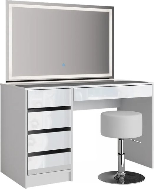 Vicco Schminktisch Sherry Weiß Hochglanz mit LED-Spiegel, Hocker und 5 Schubladen, Breite: 120 cm - Bild 2