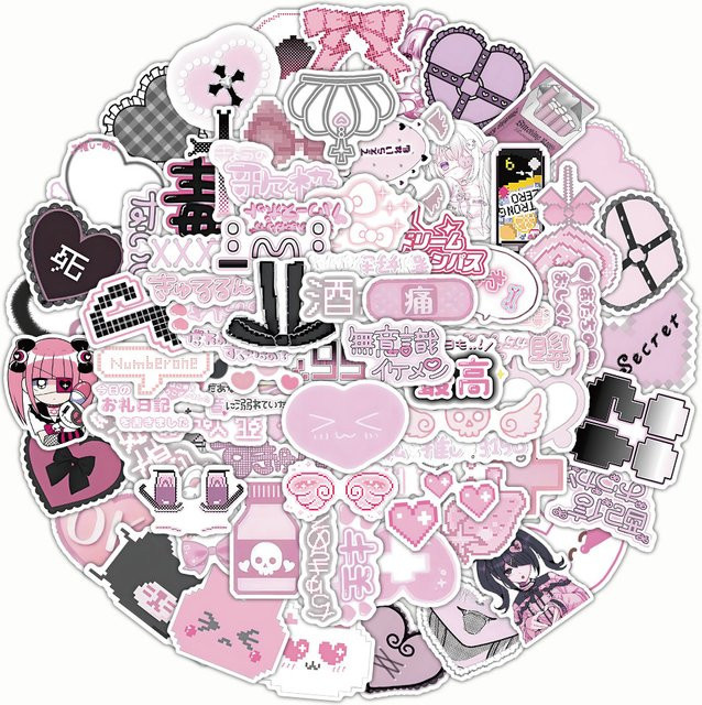 Mine-Kei Aufkleber-Set mit 103 Stück in Pink für eine dunkle Yami Kawaii Ästhetik zur Dekoration deines Laptops - Bild 1