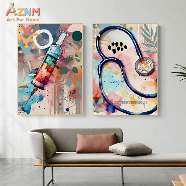 AZNM Aquarell-Leinwand Wandkunst mit Spritze und Stethoskop, Boho Abstrakter Druck für Arztpraxen und Krankenschwestern, Mehrfarbig - Bild 1