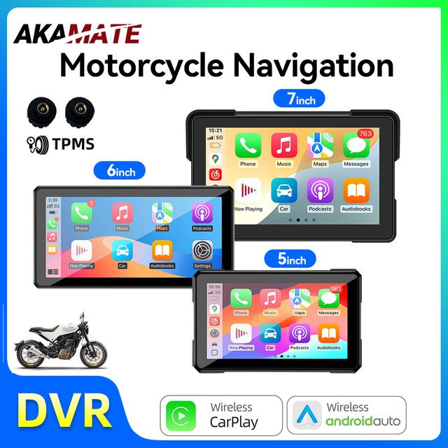 AKAMATE Motorrad-Monitor mit kabellosem CarPlay und Android Auto, tragbares GPS-Navigationsgerät mit Bluetooth und IPS Touchscreen in Schwarz - Bild 1