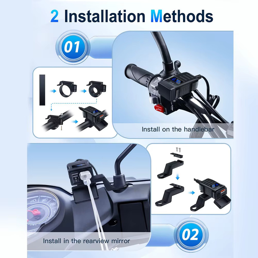 PD QC3.0 Motorrad-USB-Ladegerät mit Dual-USB-Anschluss, Voltmeter und Schalter, wasserdichter 12V-Adapter in Schwarz für Telefon und GPS - Bild 5